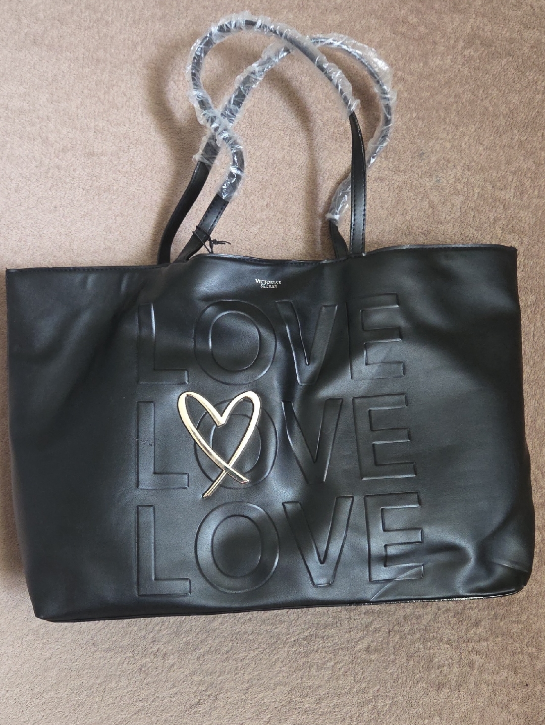 Victoria's Secret Love Everything Black Tote With Gold Heart Accent